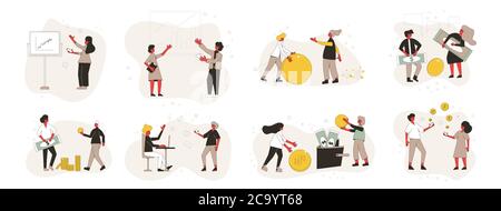 Financial scenes set. Collection of people with money, business graphics isolated on white background. Profit, teamwork, savings, investment, exchange Stock Vector
