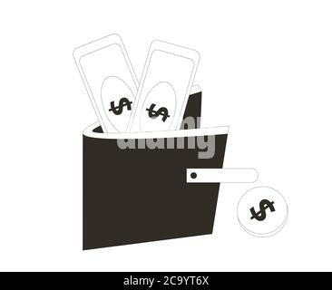 Cash concept. Wallet with money isolated on white background.  Purse with banknotes and coin. Line art vector illustration. Stock Vector