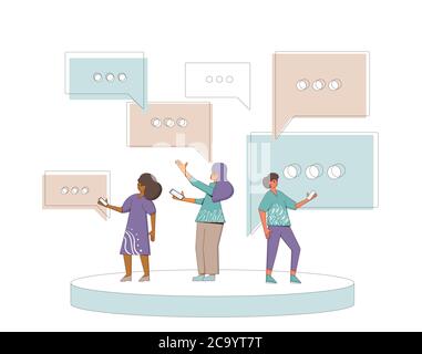 Communication concept. Three friends wearing in casual clothes standing and talking about something. Young man and woman holding phones in their hands Stock Vector