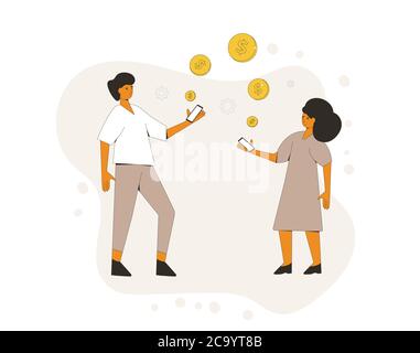 Payment with phone concept. Online finance transaction service. Two people with mobile and digital money. Line art flat vector illustration. Stock Vector