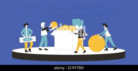 Donation concept. Young people raising money together. Characters with huge coins and box. Social investment with volunteers. Line art flat vector ill Stock Vector