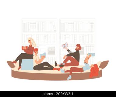 Library concept. Students reading a book. Vector hand drawn illustration. Stock Vector