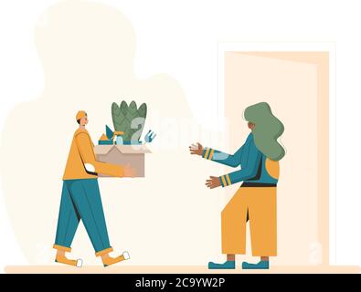 Plant delivery. Courier with box with potted flowers and garden tools in his hands and customer under home door. Vector flat illustration. Stock Vector