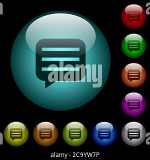 Message box with rows icons in color illuminated spherical glass buttons on black background. Can be used to black or dark templates Stock Vector