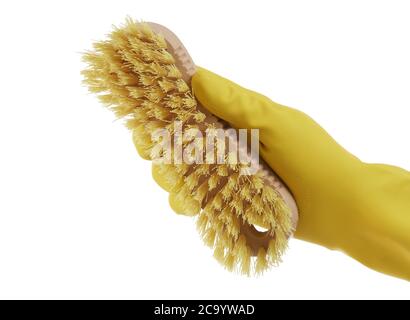 Hand with cleaning brush isolated on white Stock Photo