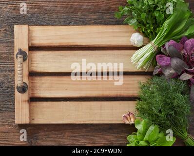 Herb leafs on wood table Stock Photo