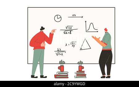 Colleagues in learning process. Two scientists argue. Math. Vector flat illustration. Stock Vector