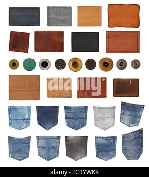 Jeans labels, back pockets and buttons isolated Stock Photo