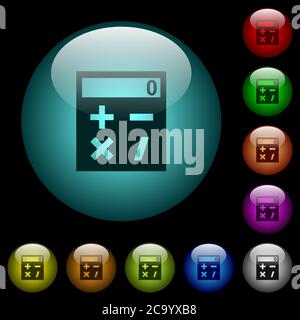 Pocket calculator icons in color illuminated spherical glass buttons on black background. Can be used to black or dark templates Stock Vector