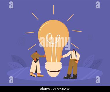 Creative idea team. Startup project concept. Find a solution together. Vector characters with creative new idea symbol. Stock Vector
