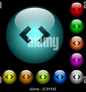 Script code icons in color illuminated spherical glass buttons on black background. Can be used to black or dark templates Stock Vector