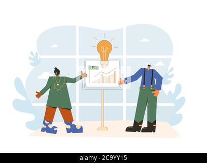 IPO concept. Initial public offering. Stock market. People with board with graph. Managers giving a presentation. Vector flat illustration. Stock Vector