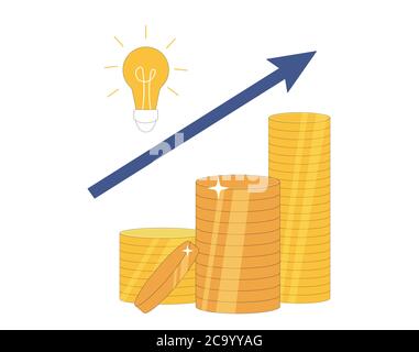 Income concept. Money isolated on white background. Stack of coins and arrow. Line art vector illustration. Stock Vector