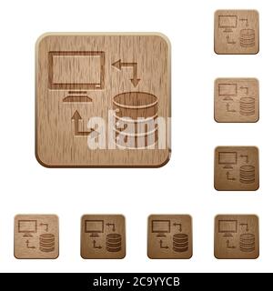Syncronize data with database on rounded square carved wooden button styles Stock Vector