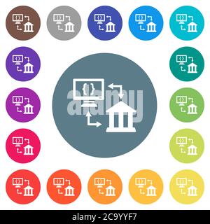 Open banking API flat white icons on round color backgrounds. 17 background color variations are included. Stock Vector