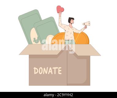 Donate concept. Donation box. Tiny man with money for charity. Line art flat vector illustration. Stock Vector