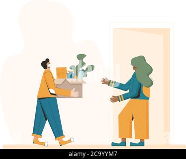 Food delivery. Courier in a face mask with a box in his hands and customer under home door. Vector flat illustration. Stock Vector