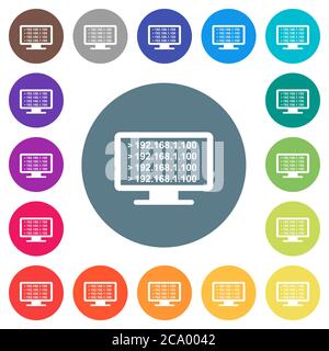 Ping remote computer flat white icons on round color backgrounds. 17 background color variations are included. Stock Vector