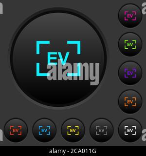 Camera exposure value setting dark push buttons with vivid color icons on dark grey background Stock Vector