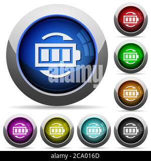 Rechargeable battery icons in round glossy buttons with steel frames Stock Vector