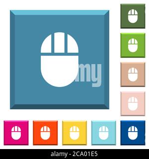 Three buttoned computer mouse white icons on edged square buttons in various trendy colors Stock Vector