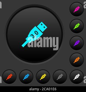 High speed USB dark push buttons with vivid color icons on dark grey background Stock Vector