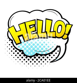 Comic lettering Hello. Comic speech bubble with emotional text Hello. Vector bright dynamic cartoon illustration in retro pop art style isolated on Stock Vector