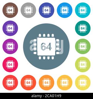 Microprocessor 64 bit architecture flat white icons on round color backgrounds. 17 background color variations are included. Stock Vector