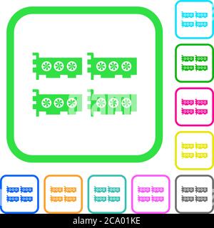 Cryptocoin mining farm vivid colored flat icons in curved borders on white background Stock Vector