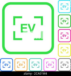 Camera exposure value setting vivid colored flat icons in curved borders on white background Stock Vector