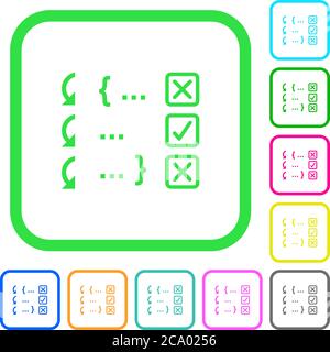 Debugging program vivid colored flat icons in curved borders on white background Stock Vector