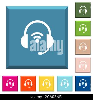 Wireless headset white icons on edged square buttons in various trendy colors Stock Vector