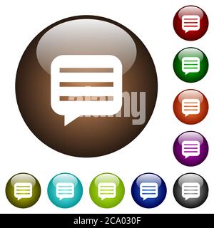 Message box with rows white icons on round color glass buttons Stock Vector