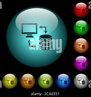 Syncronize data with database icons in color illuminated spherical glass buttons on black background. Can be used to black or dark templates Stock Vector