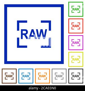 Camera raw image mode flat color icons in square frames on white background Stock Vector