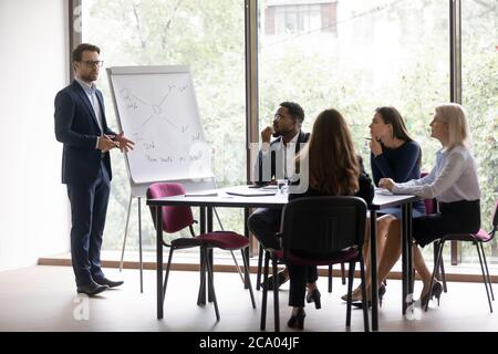 Businessman makes presentation for investors during group meeting in boardroom Stock Photo
