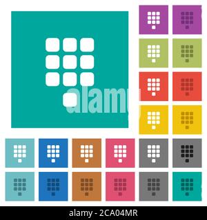 Dial pad multi colored flat icons on plain square backgrounds. Included white and darker icon variations for hover or active effects. Stock Vector