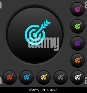 Target table with arrow dark push buttons with vivid color icons on dark grey background Stock Vector