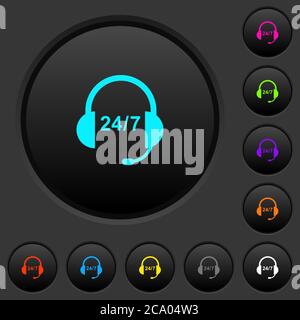 Call center dark push buttons with vivid color icons on dark grey background Stock Vector