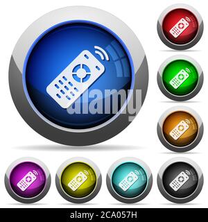 Working remote control icons in round glossy buttons with steel frames Stock Vector