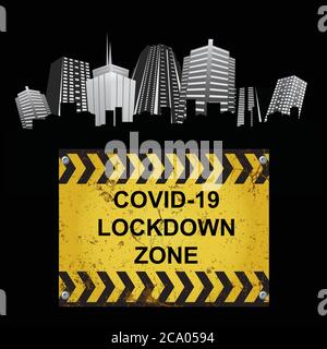 Warning virus lockdown zone as governments announce local measures to combat pandemic hotspots with generic city background Stock Vector