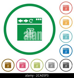 Browser running script flat color icons in round outlines on white background Stock Vector