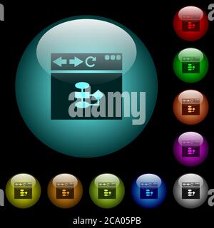 Browser flow chart icons in color illuminated spherical glass buttons on black background. Can be used to black or dark templates Stock Vector
