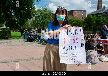 Protester rally in favour of Black Lives Matter meeting wearing Corona Virus mask on July 11, 2020 in Hull, Humberside, UK. Stock Photo