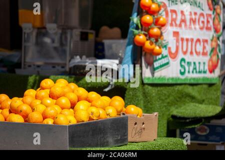 Orange juice stall selling freshly made OJ. Camden London Stock Photo