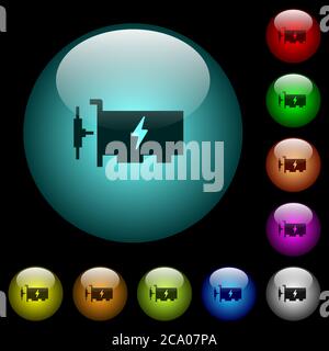 Fast ethernet network controller icons in color illuminated spherical glass buttons on black background. Can be used to black or dark templates Stock Vector