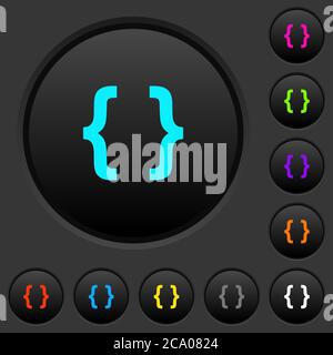 Programming code dark push buttons with vivid color icons on dark grey background Stock Vector