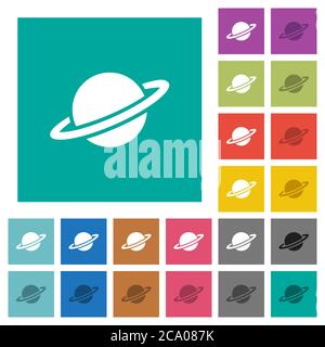 Planet multi colored flat icons on plain square backgrounds. Included white and darker icon variations for hover or active effects. Stock Vector