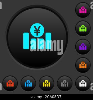 Yen financial graph dark push buttons with vivid color icons on dark grey background Stock Vector