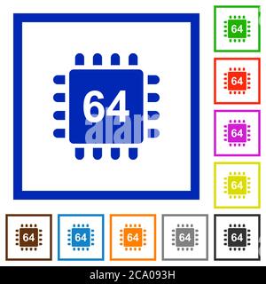 Microprocessor 64 bit architecture flat color icons in square frames on white background Stock Vector